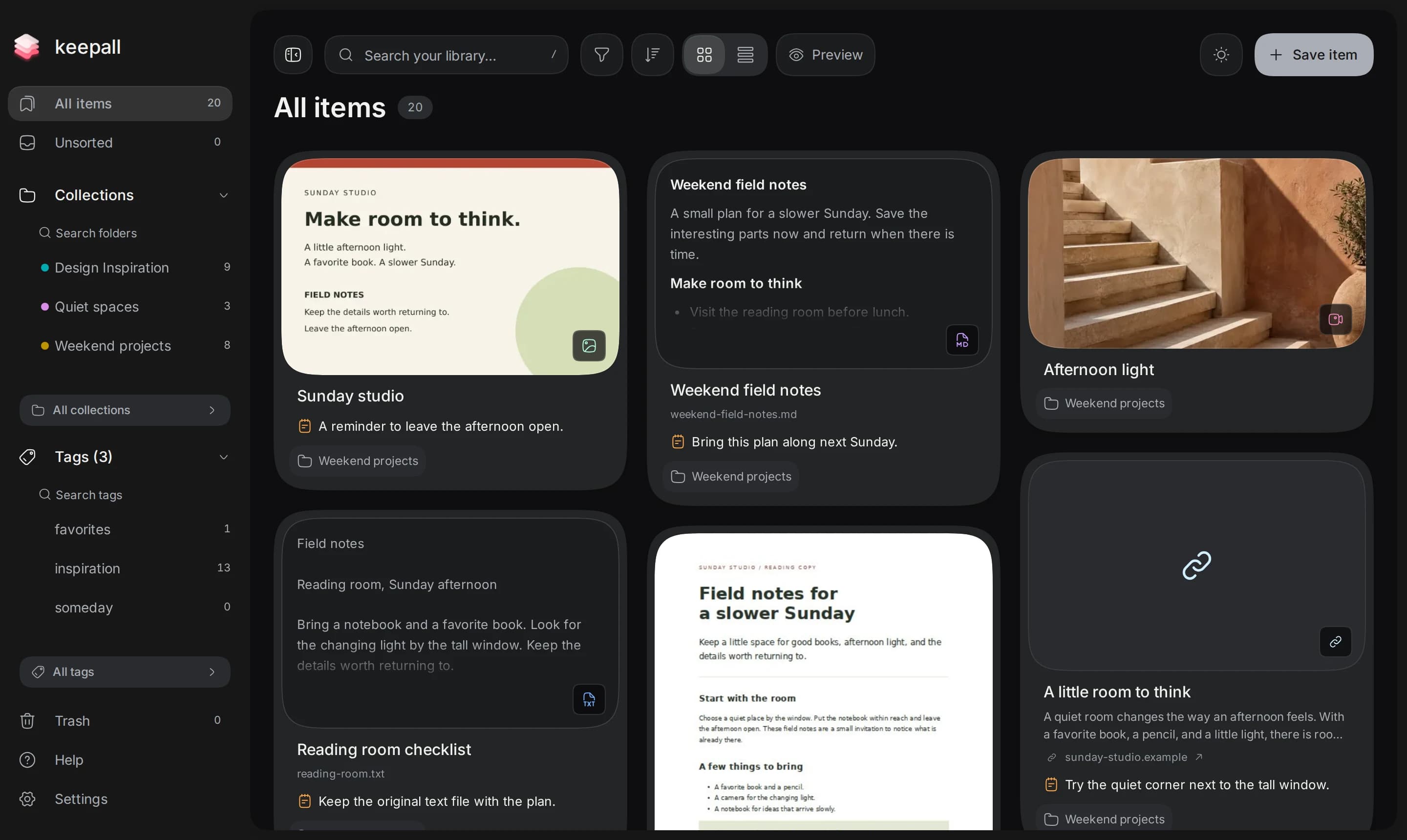 Keepall's library, with visual cards for saved links, images and notes